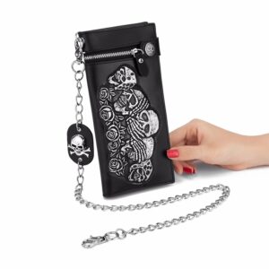portefeuille biker crâne cuir PU noir à chaîne format long