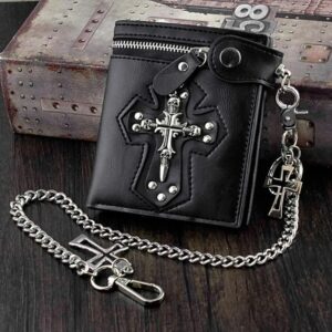 portefeuille biker gothique noir en cuir PU avec chaîne