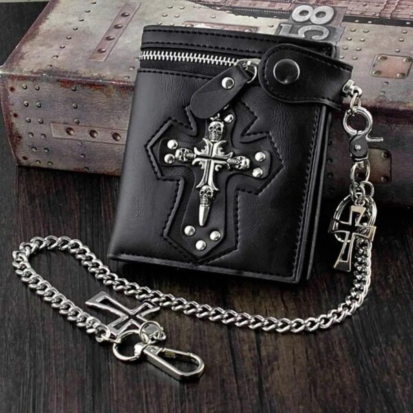 portefeuille biker gothique noir en cuir PU avec chaîne